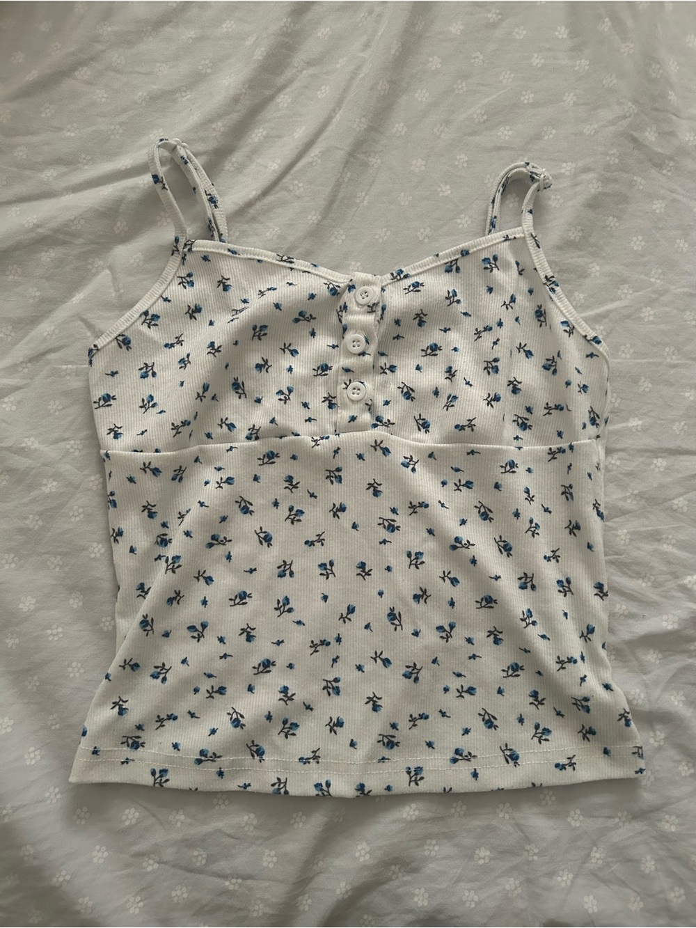 2/$10 White Floral Ribbed Tank Top with Blue Print